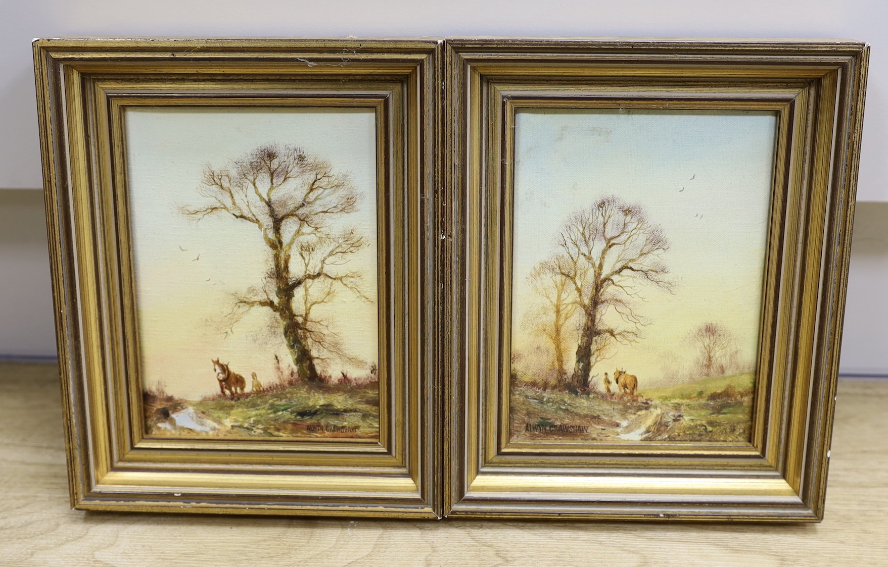 Alwyn Crawshaw (b.1934), pair of oils on canvas, Ploughing scenes, signed, 17 x 12cm